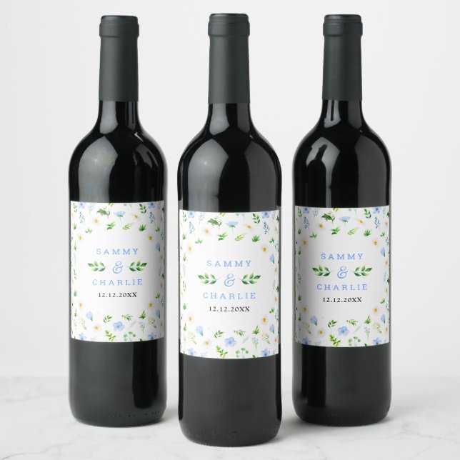 Forget-Me-Nots and Daisies Floral Wedding Wine Label (Bottles)