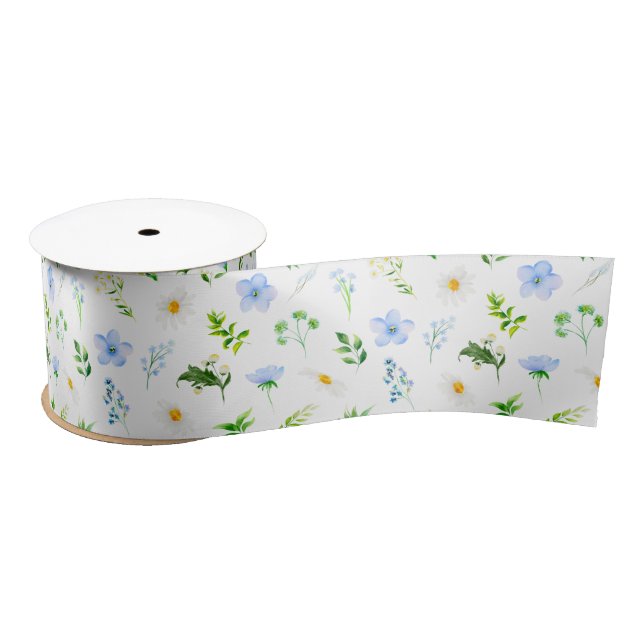Forget Me Nots and Daisies with Foliage Pattern Satin Ribbon (Spool)