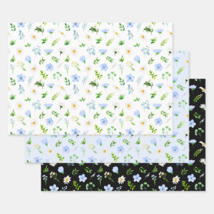 Forget Me Nots and Daisies with Foliage Pattern Wrapping Paper Sheet
