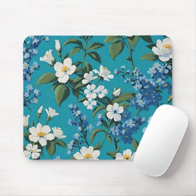 Forget-me-nots and Little White Flowers Teal Mouse Mat (With Mouse)