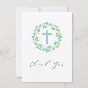 Forget Me Nots & Cross Watercolor Floral Wreath Thank You Card