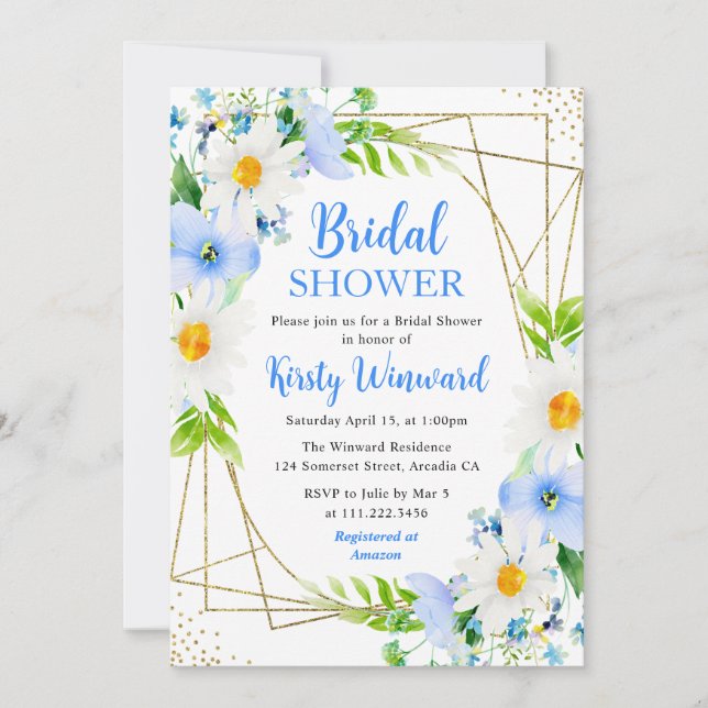 Forget-Me-Nots & Daisies Gold Frame Bridal Shower  Invitation (Front)