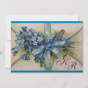 FORGET ME NOTS MONOGRAM ,BLUE WEDDING PARTY silver Invitation