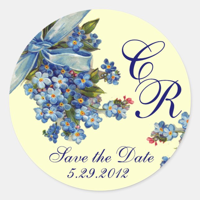 FORGET ME NOTS MONOGRAM ,WEDDING PARTY blue Classic Round Sticker (Front)