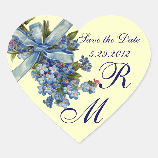 FORGET ME NOTS MONOGRAM ,WEDDING PARTY blue cream Heart Sticker (Front)