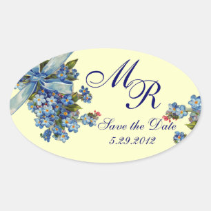 FORGET ME NOTS MONOGRAM ,WEDDING PARTY blue cream Oval Sticker