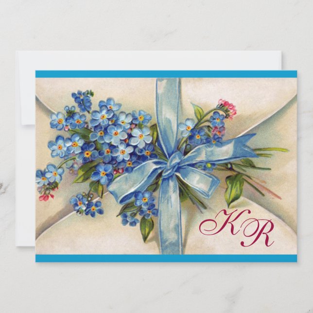 FORGET ME NOTS MONOGRAM ,WEDDING PARTY blue gold Invitation (Front)