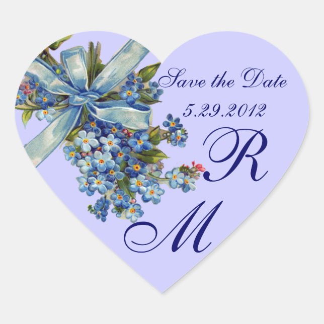 FORGET ME NOTS MONOGRAM ,WEDDING PARTY blue Heart Sticker (Front)