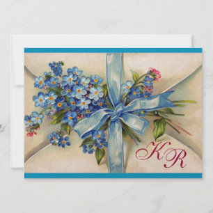 FORGET ME NOTS MONOGRAM ,WEDDING PARTY blue metal Invitation