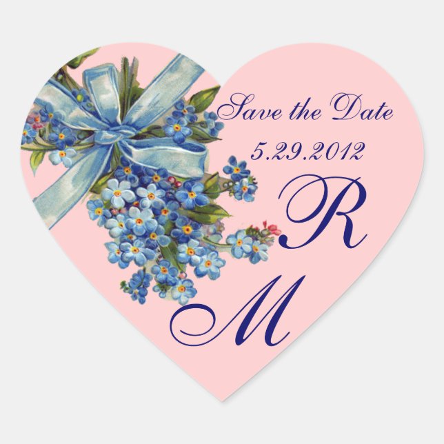 FORGET ME NOTS MONOGRAM ,WEDDING PARTY blue pink Heart Sticker (Front)