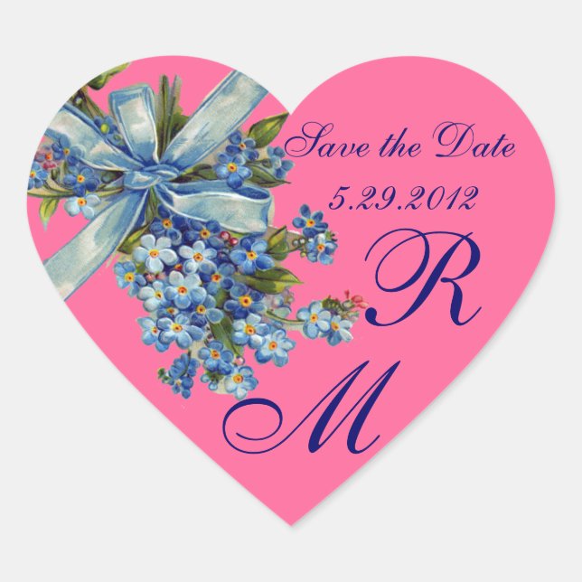 FORGET ME NOTS MONOGRAM ,WEDDING PARTY blue pink Heart Sticker (Front)