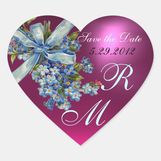 FORGET ME NOTS MONOGRAM ,WEDDING PARTY blue pink Heart Sticker (Front)