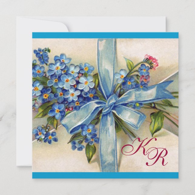 FORGET ME NOTS MONOGRAM ,WEDDING PARTY Blue White Invitation (Front)