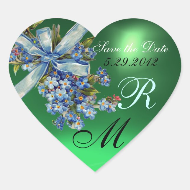 FORGET ME NOTS MONOGRAM ,WEDDING PARTY green blue Heart Sticker (Front)