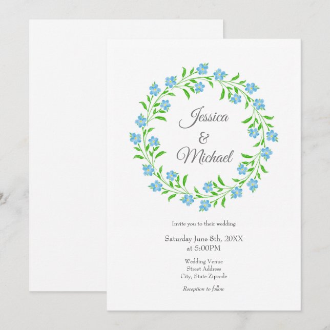 Forget Me Nots Watercolor Floral Wreath  Invitation (Front/Back)