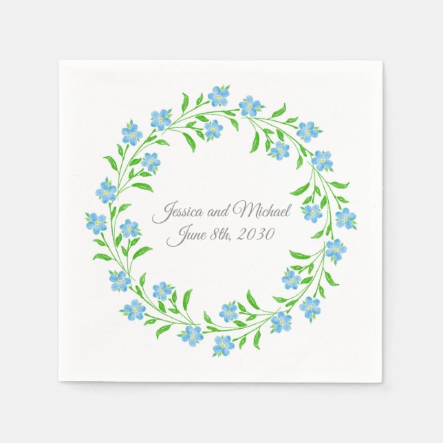Forget Me Nots Watercolor Floral Wreath  Napkin (Front)
