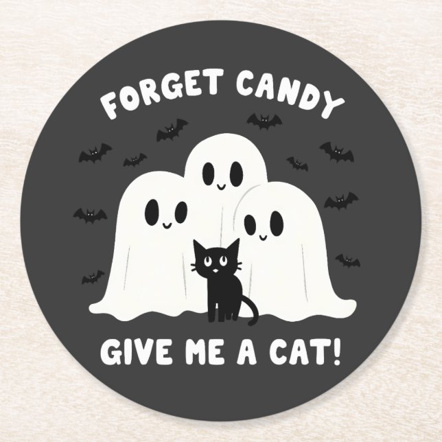 Forget The Candy Give Me A Cat Spooky Halloween  Round Paper Coaster (Front)