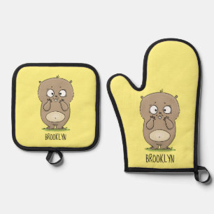 Forgetful adorable chubby hamster cartoon oven mitt & pot holder set
