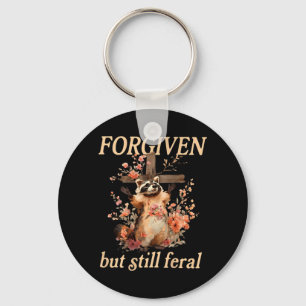 Forgiven But Feral Christian Racoon Flowers Key Ring
