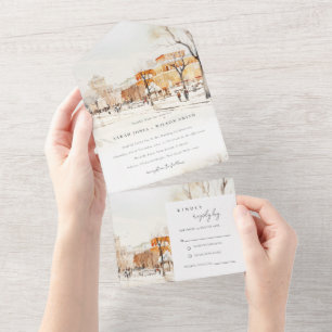 Forgo North Dakota City Scape Watercolor Wedding All In One Invitation