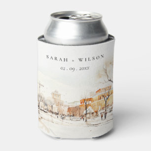 Forgo North Dakota City Scape Watercolor Wedding Can Cooler