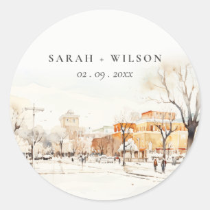 Forgo North Dakota City Scape Watercolor Wedding Classic Round Sticker