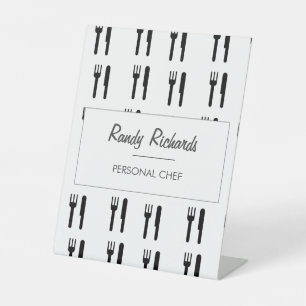 Fork and knife black silhouette pattern white pedestal sign