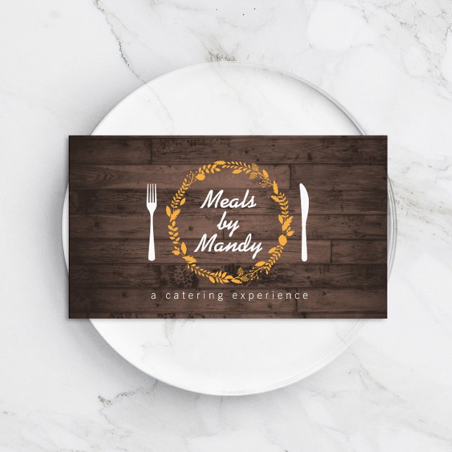 Fork and Knife Wreath on Woodgrain Catering, Chef Business Card (Creator Uploaded)