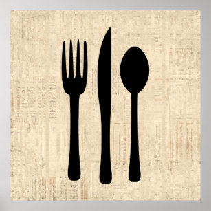 Fork Knife and Spoon Silverware Art Script Style Poster