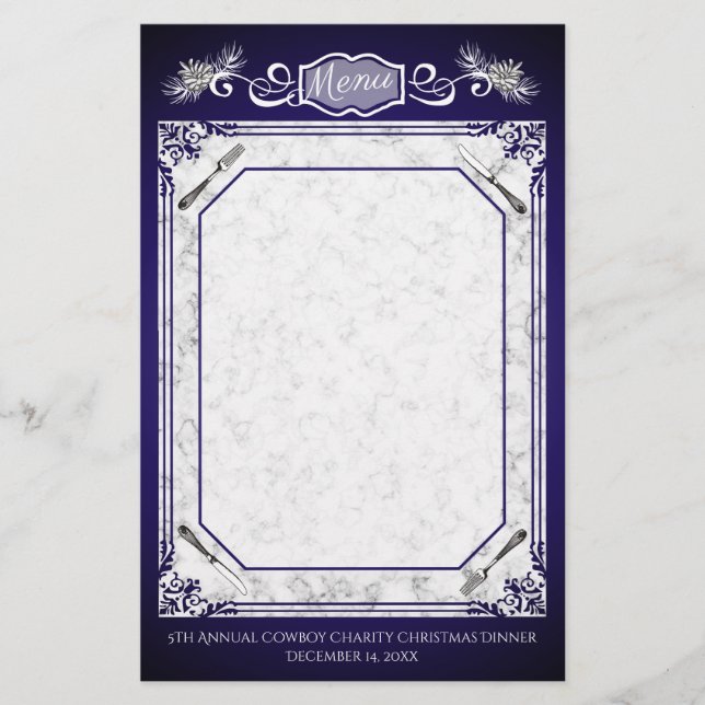 Fork pine cones Christmas holiday menu stationery (Front)