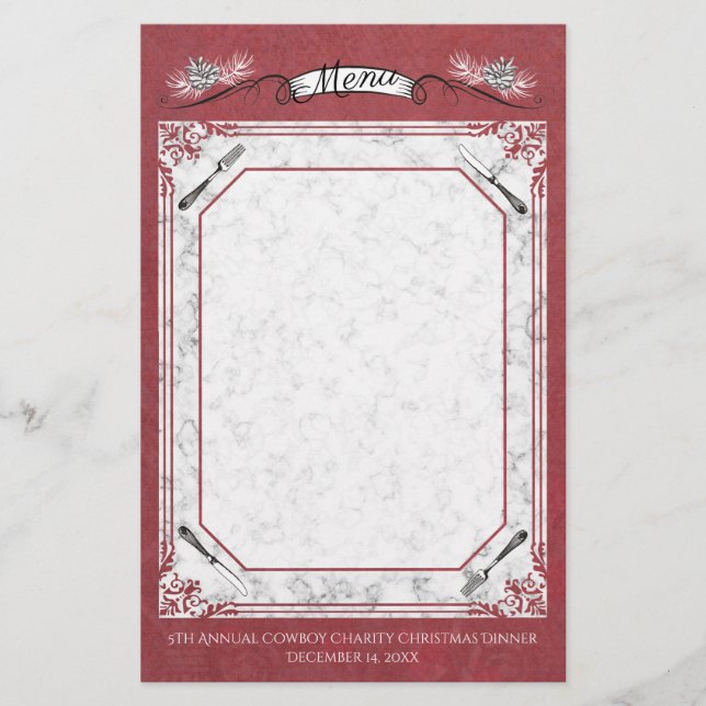 Fork pine cones Christmas holiday menu stationery (Front)