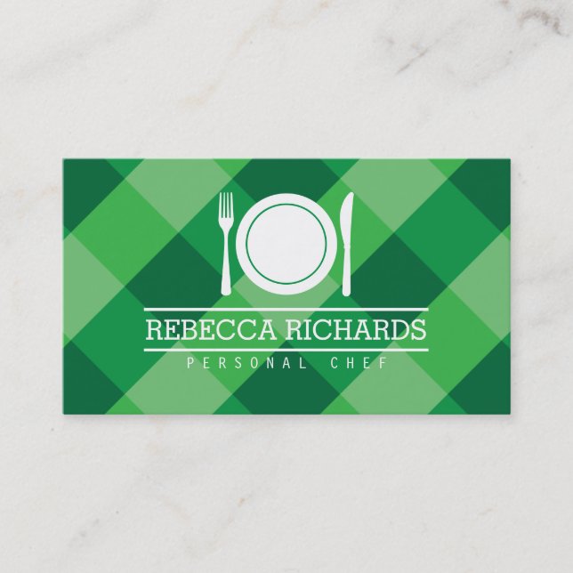 Fork, Plate, Knife Logo on Green Gingham Chef Business Card (Front)