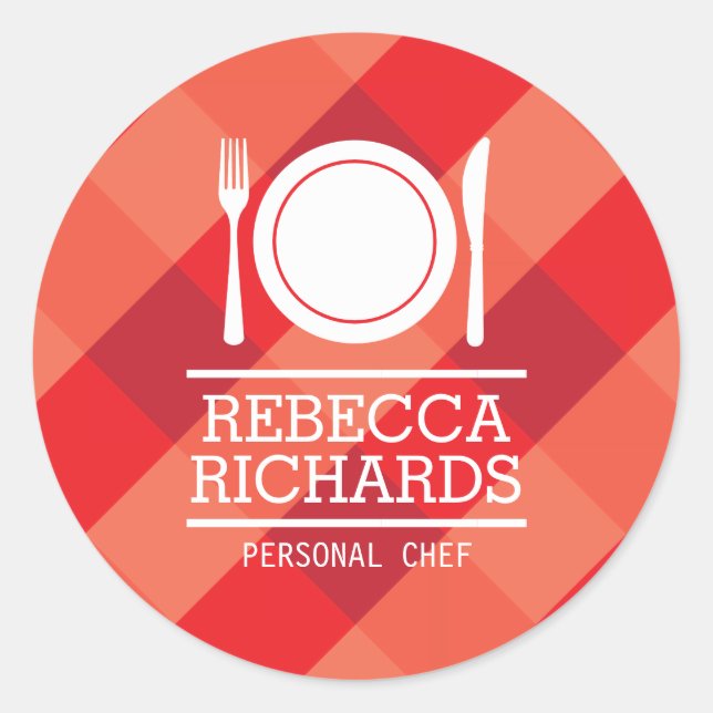 Fork, Plate, Knife Logo on Red Gingham Classic Round Sticker (Front)