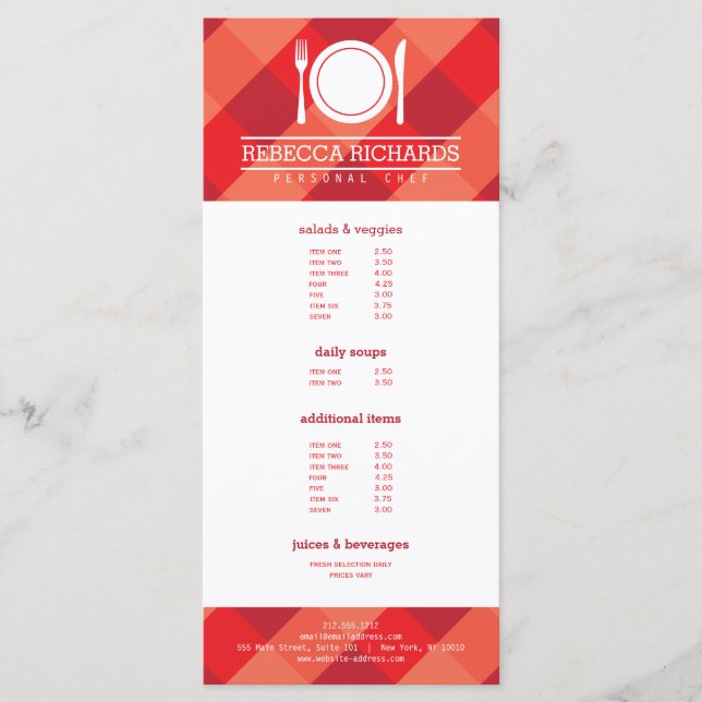 Fork, Plate, Knife Logo on Red Gingham Menu Flyer (Front)
