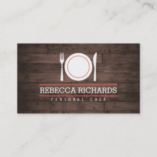 Fork, Plate, Knife Logo on Rustic Woodgrain Business Card