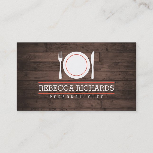Fork, Plate, Knife Logo on Rustic Woodgrain Business Card (Front)