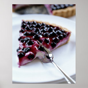 Fork slicing blueberry pie on plate poster