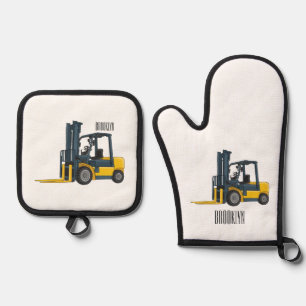 Forklift cartoon illustration oven mitt & pot holder set