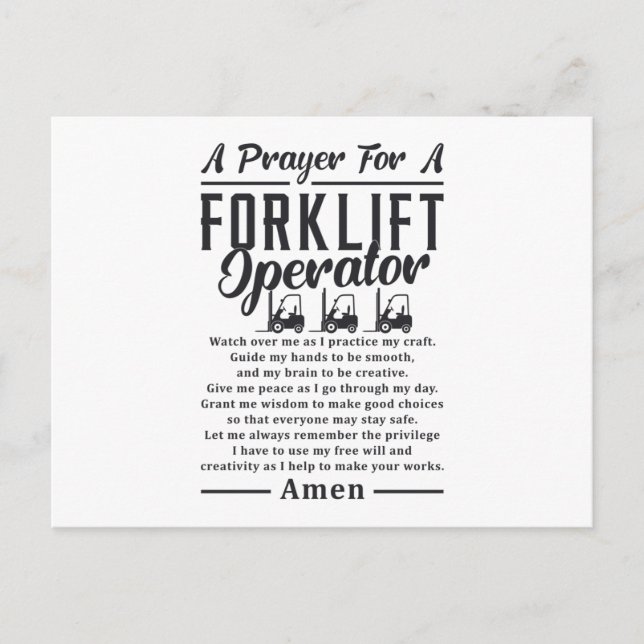 Forklift Driver A Prayer For A Forklift Operator Postcard (Front)