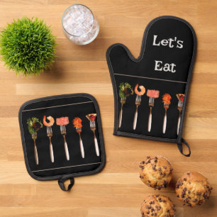 Forks Black Oven Mitt & Pot Holder Set