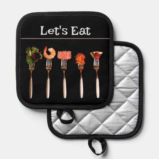 Forks on Black Let's Eat Oven Mitt and Pot Holders (Front/Back)