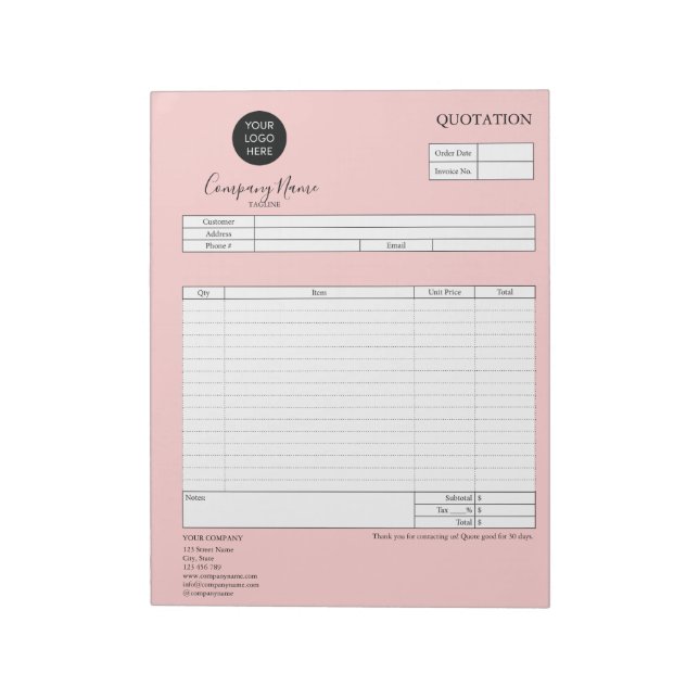 Form Business Quotation, Invoice, Add Your Logo Notepad (Rotated)