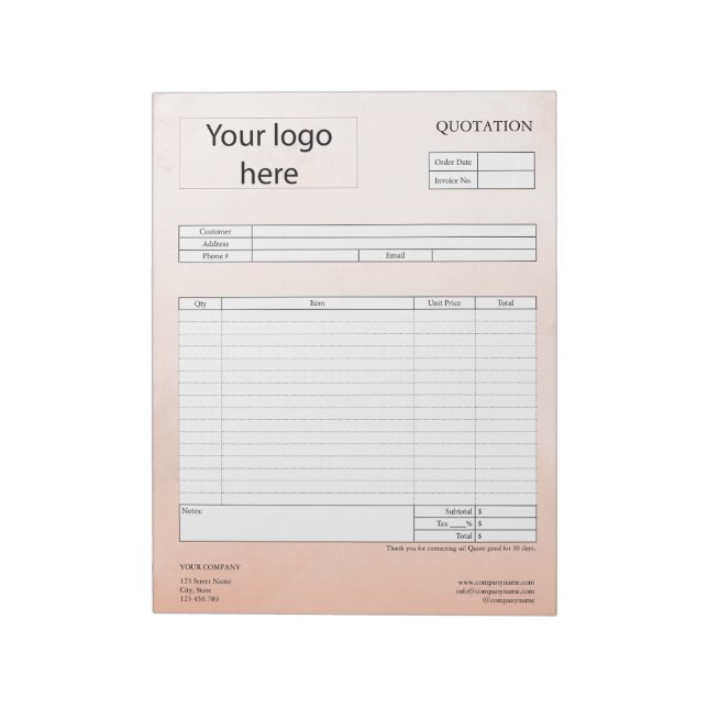 Form Business Quotation, Invoice or Sales Receipt  Notepad (Rotated)