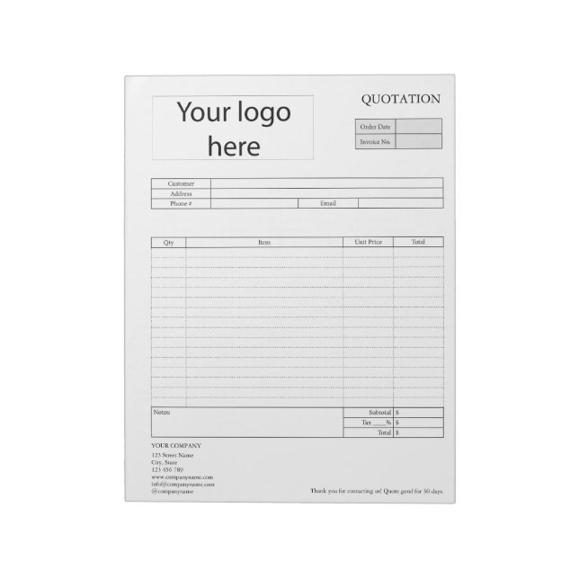 Form Business Quotation, Invoice or Sales Receipt  Notepad (Rotated)