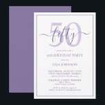 Formal 50th Birthday Lilac Lavender Classic Script Invitation<br><div class="desc">Celebrate the big 5-0 in style! Take your birthday celebration to the next level with this formal 50th Birthday Lilac Lavender Classic Script Invitation. With a classic lilac lavender text box on a white background, personalised details can be included in a modern hand lettered calligraphy. Add an extra bit of...</div>