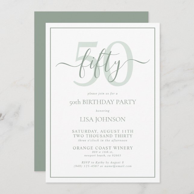 Formal 50th Birthday Sage Green Classic Script Invitation (Front/Back)