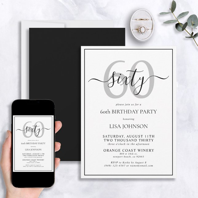Formal 60th Birthday Black & White Classic Script Invitation (Creator Uploaded)