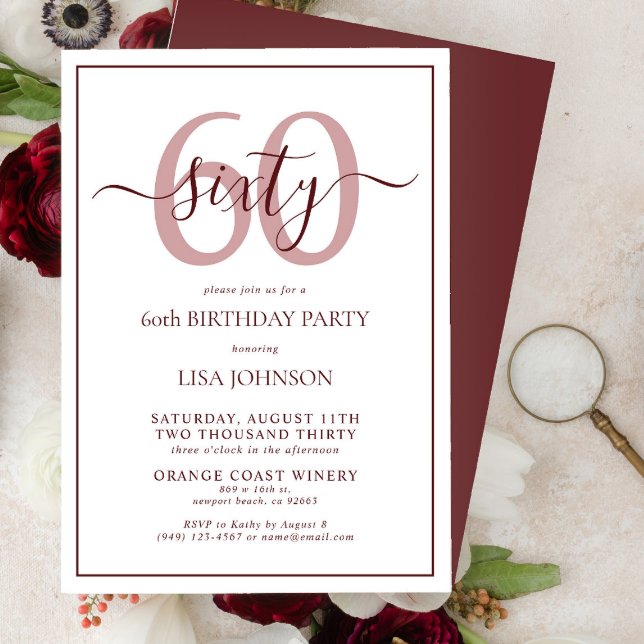 Formal 60th Birthday Burgundy Classic Script Invitation (Creator Uploaded)