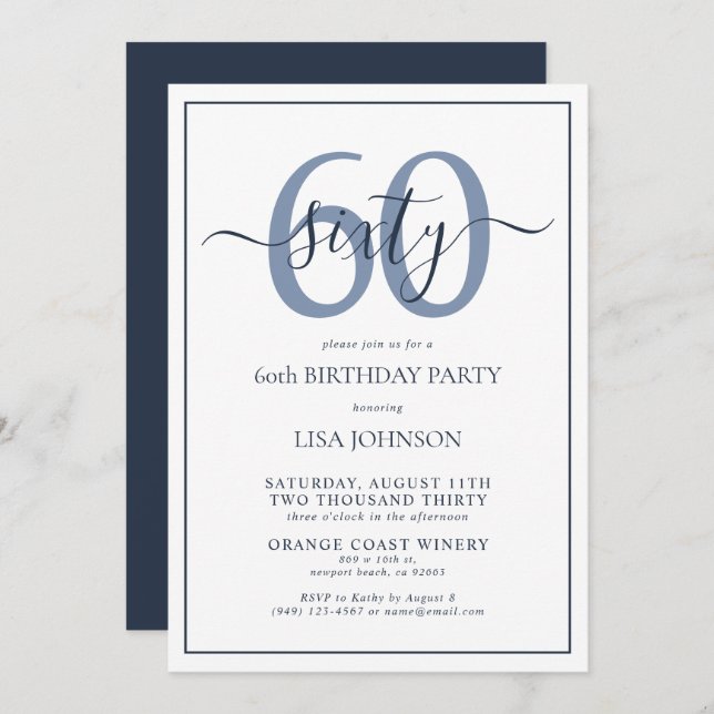 Formal 60th Birthday Navy Blue Classic Script Invitation (Front/Back)