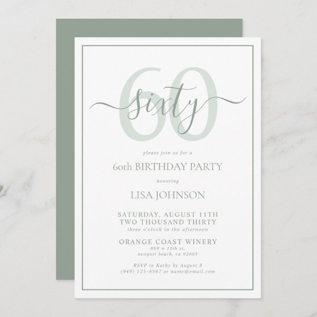 Formal 60th Birthday Sage Green Classic Script Invitation (Front/Back)